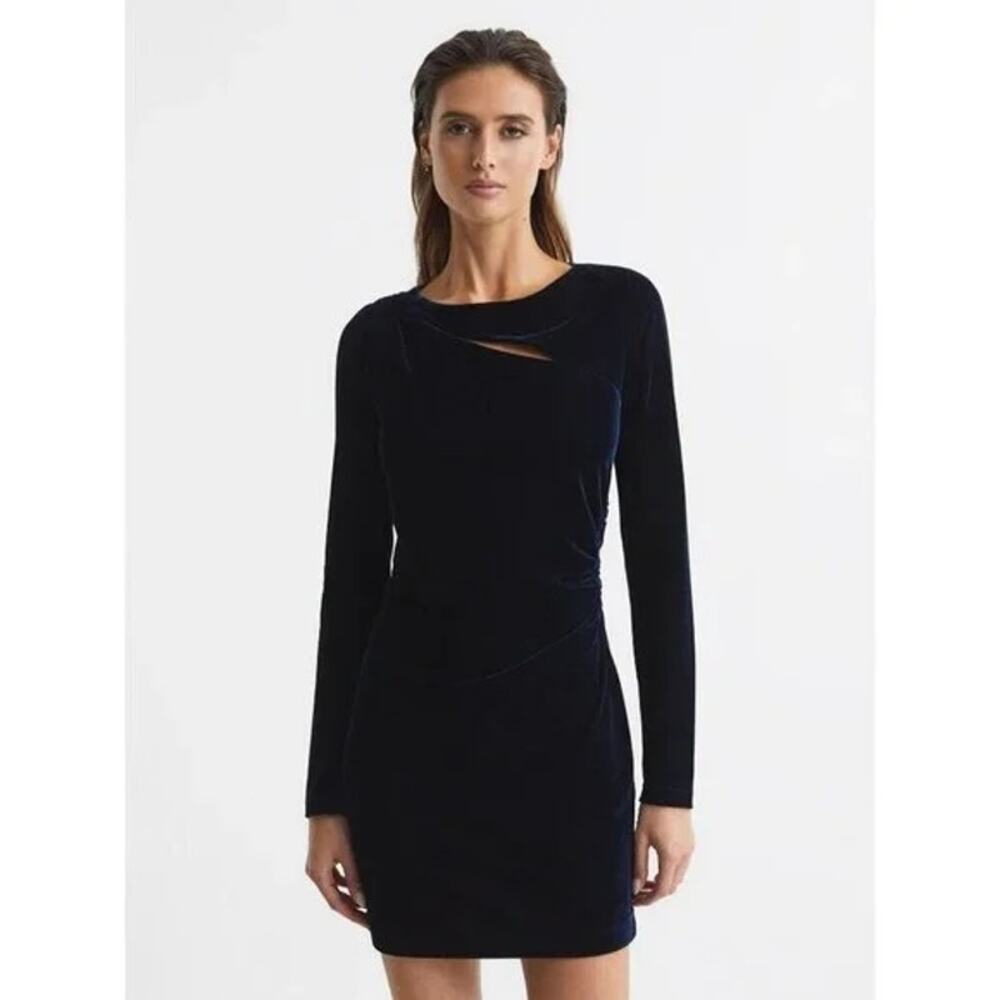 REISS $240 Midnight Blue Velvet Long Sleeve Cut Out Mini Dress Size 4 - Picture 2 of 11